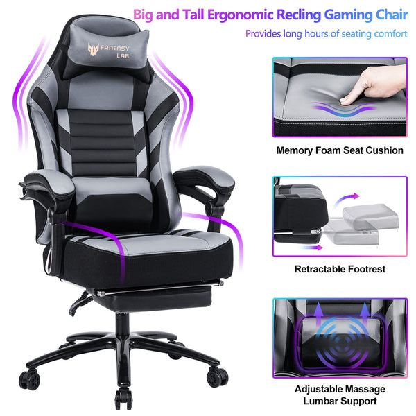 English Elm Vanbow.Seat Memory Foam Reclining Gaming Chair with Massage Lumbar, Retractable Footrest & Swivel Comfort Grey W152166557