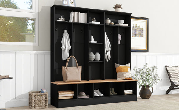 English Elm On-trend Wide White Hall Tree with Bench Seating Cube Shelves and 8 Coat Hooks N721S000021B