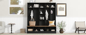 English Elm On-trend Wide White Hall Tree with Bench Seating Cube Shelves and 8 Coat Hooks N721S000066B