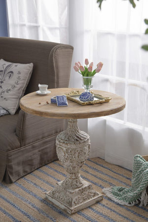English Elm 30x31" Round Pedestal Dining Table Engraved Floral Fir Wood Farmhouse Accent W2078125613