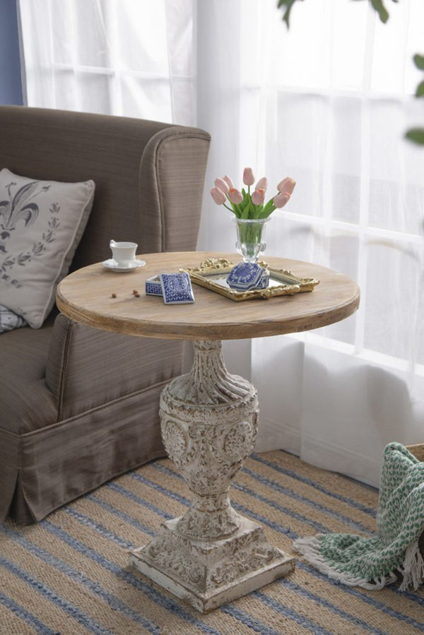 English Elm 30x31" Round Pedestal Dining Table Engraved Floral Fir Wood Farmhouse Accent W2078125613