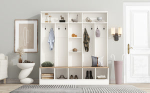 English Elm On-trend Wide White Hall Tree with Bench Seating Cube Shelves and 8 Coat Hooks N721S000066K