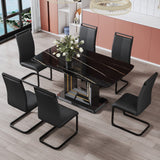 English Elm A Table and Six Chairs. The Table Features A Black Imitation Marble Pattern Tabletop and Black Gold Mdf Legs. The Chair Has A Black Pu Backrest Cushion and Black Metal Legs. F-Sq C-1162