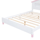 English Elm Full Size Wood Platform Bed With House-Shaped Headboard and Motion Activated Night Lights (White+Pink)