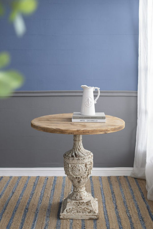 English Elm 30x31" Round Pedestal Dining Table Engraved Floral Fir Wood Farmhouse Accent W2078125613