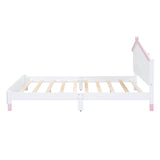 English Elm Full Size Wood Platform Bed With House-Shaped Headboard and Motion Activated Night Lights (White+Pink)