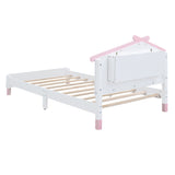 English Elm Twin Size Wood Platform Bed With House-Shaped Headboard and Motion Activated Night Lights (White+Pink)