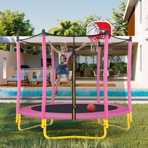 English Elm 5.5ft Kids Trampoline Steel Frame Enclosure Net Basketball Hoop Safe Bouncer Pink MS309258AAH