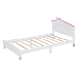 English Elm Twin Size Wood Platform Bed With House-Shaped Headboard and Motion Activated Night Lights (White+Pink)