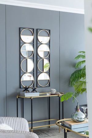 English Elm 47.2" Art Deco Iron Beaded Wall Mirror Four Stacked Panels Matte Black Entryway Accent W2078124372