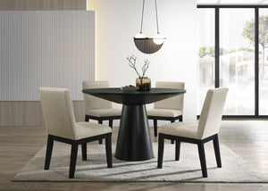 English Elm Jasper Round Pedestal Dining Set Five Piece Ebony Lacquer with Beige Fabric Seats B061S00735