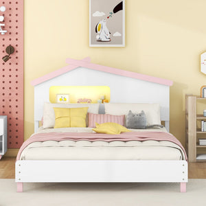 English Elm Full Size Wood Platform Bed With House-Shaped Headboard and Motion Activated Night Lights (White+Pink)