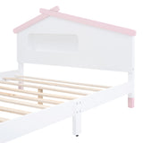 English Elm Full Size Wood Platform Bed With House-Shaped Headboard and Motion Activated Night Lights (White+Pink)