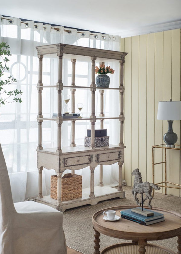 English Elm 51x19.5x81.5" Adela Solid Fir Wood Tall Bookcase Distressed White French Country Etagere W2078P170345