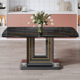 English Elm 1 Table and 4 Black Chairs. The Table Features A Black Imitation Marble Pattern Desktop and Black Gold Mdf Legs. Pair With 4 Black Pu Chairs. F-Sq C-007