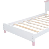 English Elm Twin Size Wood Platform Bed With House-Shaped Headboard and Motion Activated Night Lights (White+Pink)