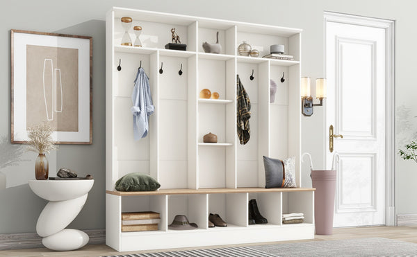 English Elm On-trend Wide White Hall Tree with Bench Seating Cube Shelves and 8 Coat Hooks N721S000066K