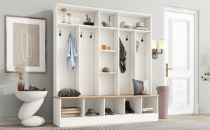 English Elm On-trend Wide White Hall Tree with Bench Seating Cube Shelves and 8 Coat Hooks N721S000021K