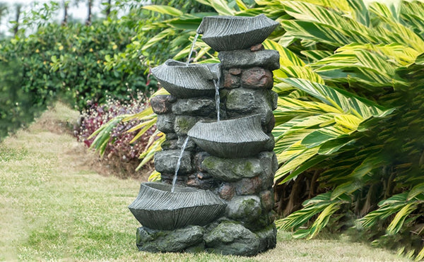 English Elm 19x15x31.5" Four Tier Polyresin Rock Cascading Fountain with Led for Patio Garden W2078124491