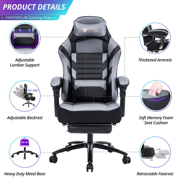 English Elm Vanbow.Seat Memory Foam Reclining Gaming Chair with Massage Lumbar, Retractable Footrest & Swivel Comfort Grey W152166557