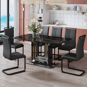 English Elm A Table and Six Chairs. The Table Features A Black Imitation Marble Pattern Tabletop and Black Gold Mdf Legs. The Chair Has A Black Pu Backrest Cushion and Black Metal Legs. F-Sq C-1162