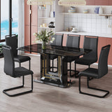 Table + 6 Chairs Set: Black Imitation Marble Tabletop, Black Gold MDF Legs, Black PU Backrest Cushion, Metal Legs