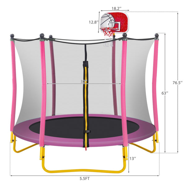 English Elm 5.5ft Kids Trampoline Steel Frame Enclosure Net Basketball Hoop Safe Bouncer Pink MS309258AAH