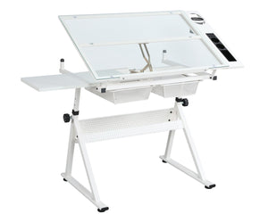English Elm White Tempered Glass Drafting Table with Chair Steel Frame Tilting Artist Desk W347119824