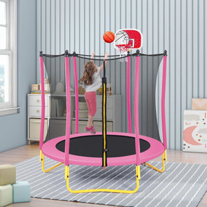 English Elm 5.5ft Kids Trampoline Steel Frame Enclosure Net Basketball Hoop Safe Bouncer Pink MS309258AAH