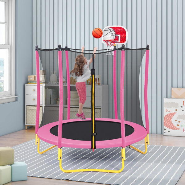English Elm 5.5ft Kids Trampoline Steel Frame Enclosure Net Basketball Hoop Safe Bouncer Pink MS309258AAH