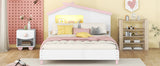 English Elm Full Size Wood Platform Bed With House-Shaped Headboard and Motion Activated Night Lights (White+Pink)