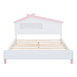 English Elm Full Size Wood Platform Bed With House-Shaped Headboard and Motion Activated Night Lights (White+Pink)