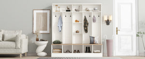 English Elm On-trend Wide White Hall Tree with Bench Seating Cube Shelves and 8 Coat Hooks N721S000066K