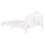 English Elm Full Size Wood Platform Bed With House-Shaped Headboard and Motion Activated Night Lights (White+Pink)