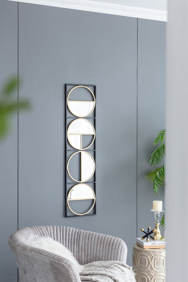English Elm 47.2" Art Deco Iron Beaded Wall Mirror Four Stacked Panels Matte Black Entryway Accent W2078124372
