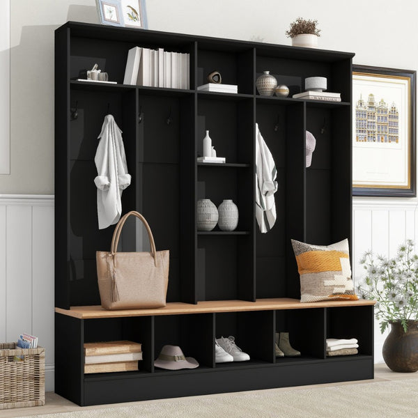 English Elm On-trend Wide White Hall Tree with Bench Seating Cube Shelves and 8 Coat Hooks N721S000021B
