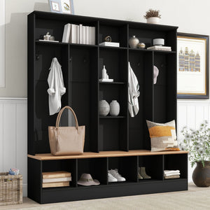 English Elm On-trend Wide White Hall Tree with Bench Seating Cube Shelves and 8 Coat Hooks N721S000066B