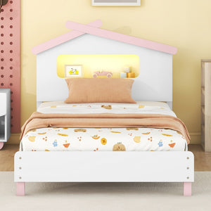 English Elm Twin Size Wood Platform Bed With House-Shaped Headboard and Motion Activated Night Lights (White+Pink)