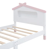 English Elm Twin Size Wood Platform Bed With House-Shaped Headboard and Motion Activated Night Lights (White+Pink)