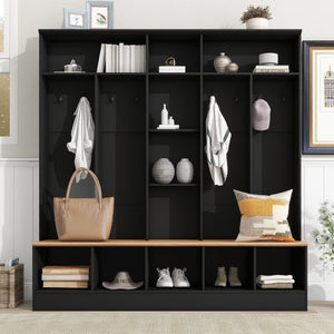 English Elm On-trend Wide White Hall Tree with Bench Seating Cube Shelves and 8 Coat Hooks N721S000021B