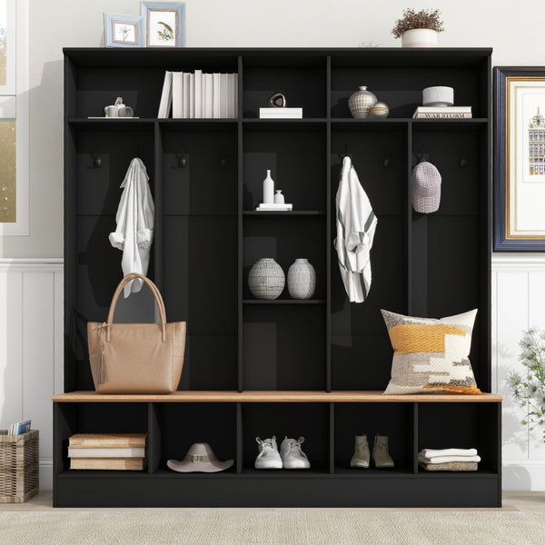 English Elm On-trend Wide White Hall Tree with Bench Seating Cube Shelves and 8 Coat Hooks N721S000021B