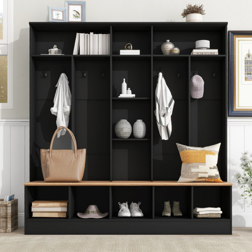 English Elm On-trend Wide White Hall Tree with Bench Seating Cube Shelves and 8 Coat Hooks N721S000066B