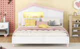 English Elm Full Size Wood Platform Bed With House-Shaped Headboard and Motion Activated Night Lights (White+Pink)