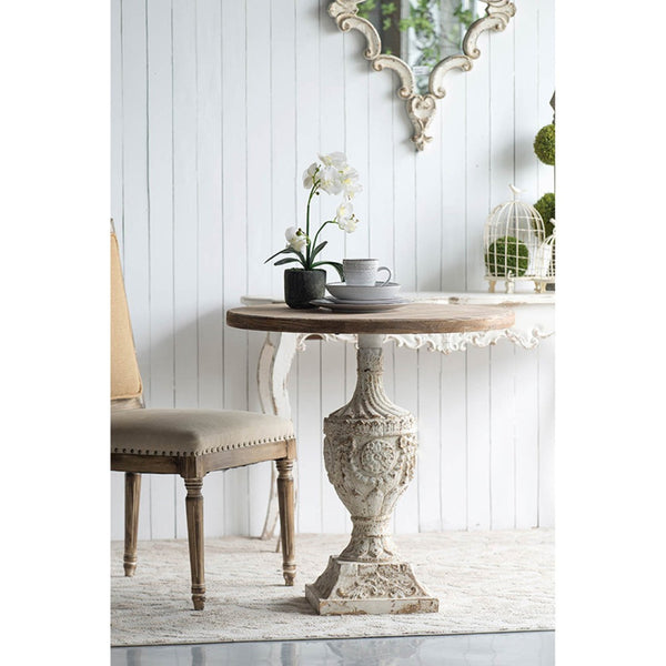 English Elm 30x31" Round Pedestal Dining Table Engraved Floral Fir Wood Farmhouse Accent W2078125613