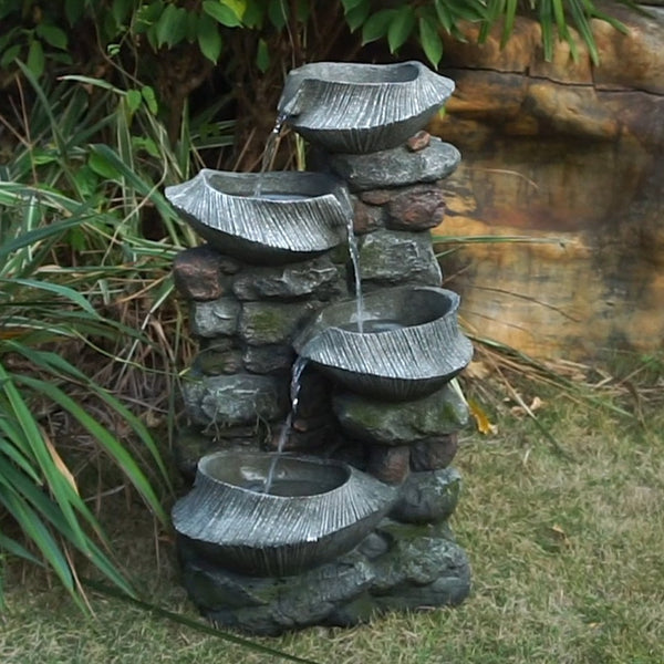 English Elm 19x15x31.5" Four Tier Polyresin Rock Cascading Fountain with Led for Patio Garden W2078124491