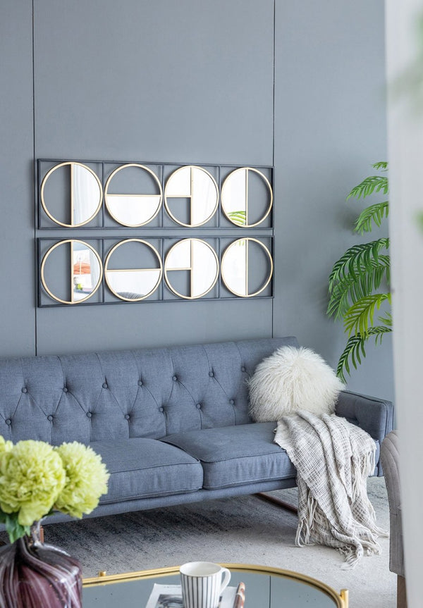 English Elm 47.2" Art Deco Iron Beaded Wall Mirror Four Stacked Panels Matte Black Entryway Accent W2078124372