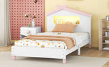 English Elm Twin Size Wood Platform Bed With House-Shaped Headboard and Motion Activated Night Lights (White+Pink)