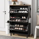 3-Drawer Shoe Cabinet with Hooks & Wood Grain Top - Entryway Organizer