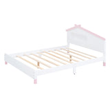 English Elm Full Size Wood Platform Bed With House-Shaped Headboard and Motion Activated Night Lights (White+Pink)