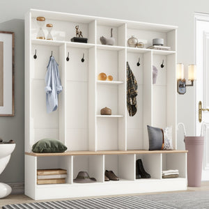 English Elm On-trend Wide White Hall Tree with Bench Seating Cube Shelves and 8 Coat Hooks N721S000066K